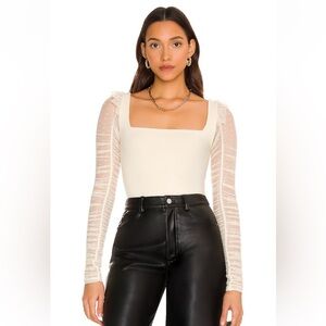 Free People Mesh Polka Dot Detail Sleeves Cream Bodysuit size L
